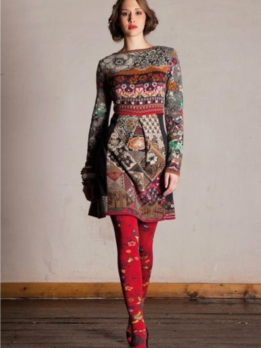 IVKO 100% Extrafine Merino Wool Boho Patchwork Long-Sleeve Dress Made in Serbia